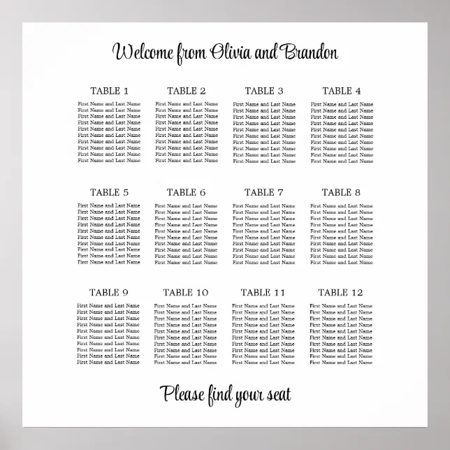 Stylish 12 Table Wedding Seating Chart Poster