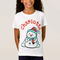 Christmas Snowman Custom Name Girls White T-Shirt