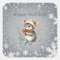 Cute Winter Mouse with Berries Square Sticker