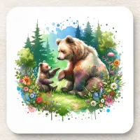 Cute Watercolor Bear and Cub  Beverage Coaster