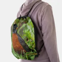 Curious Hopeful American Robin Songbird Drawstring Bag