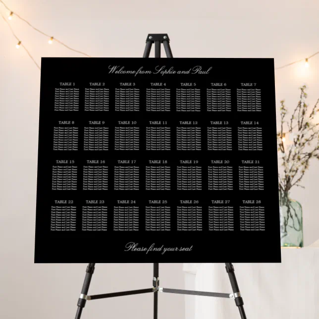 Elegant Black 28 Table Seating Chart Foam Board