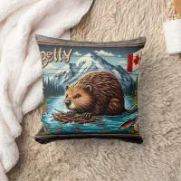 Canadian Beaver Nesting by Mountain River Throw Pillow