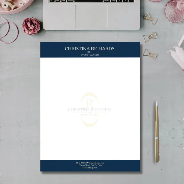 Monogram Navy Blue Modern Elegant Business Letterhead