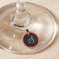 Red and White Polka Dot Black Circle Monogram Wine Glass Charm