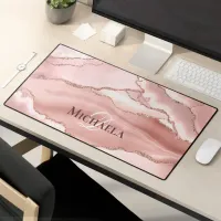 Pink Rose Gold Glitter Agate Geode Monogram Chic Desk Mat