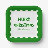 Retro Bold Wavy Green Funky Custom Merry Christmas Paper Plates