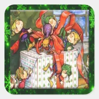 Merry Elves Wrapping Present Square Stickers