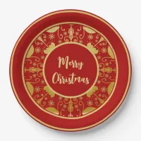 Festive Scrolls & Snowflakes Red & Gold Christmas  Paper Plates