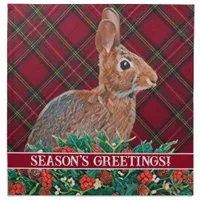 Rabbit with Holly Berries and Plaid Cloth Napkin