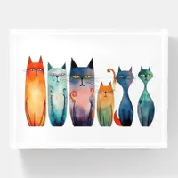 Quirky Orange Green Pink Blue Teal Watercolor Cats Paperweight