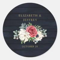 Rustic Wood Navy Burgundy Gold Floral Wedding Classic Round Sticker