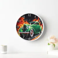 Vibrant hot rod roaring down a fiery highway clock