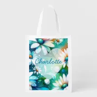 Whimsical Boho Floral Daisy Hearts Valentines Gift Grocery Bag