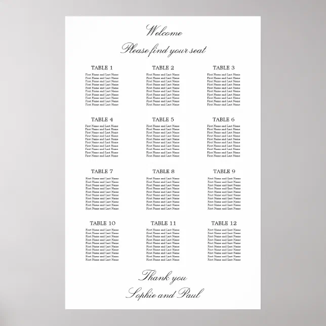 12 Table Elegant Minimalist Seating Chart