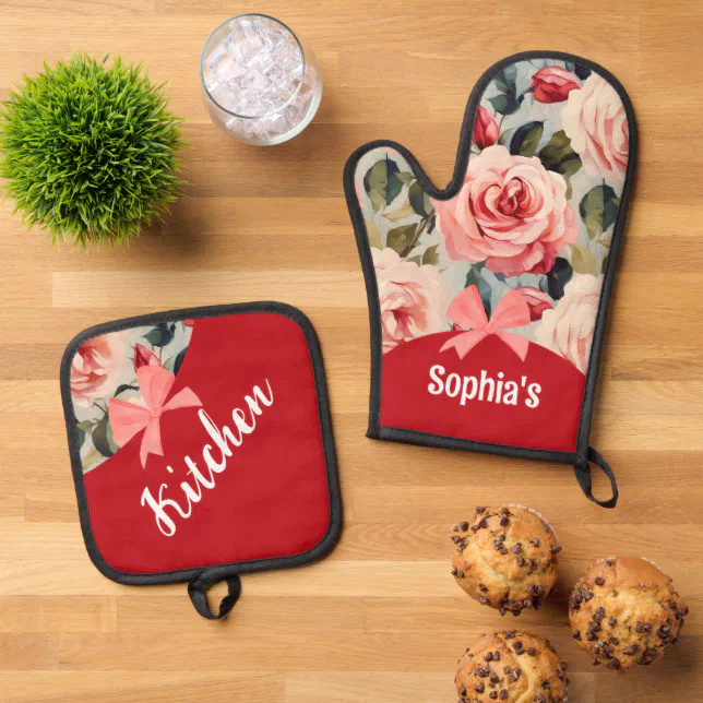 Floral Red And Pink Flowers Pattern  Oven Mitt & Pot Holder Set