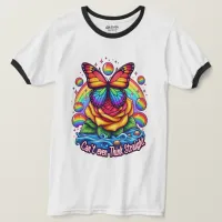 Vibrant Butterfly Perched on Colorful Rose T-Shirt