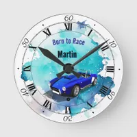 Classic Retro Blue Sports Car Birthday Adventure H Round Clock