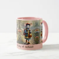 Cute mouse girl on her way to school, custom mug