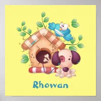 Cute Puppy And Blue Bird Personalized Poster