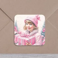 Vintage Girl in Pink with Gift Box Square Sticker