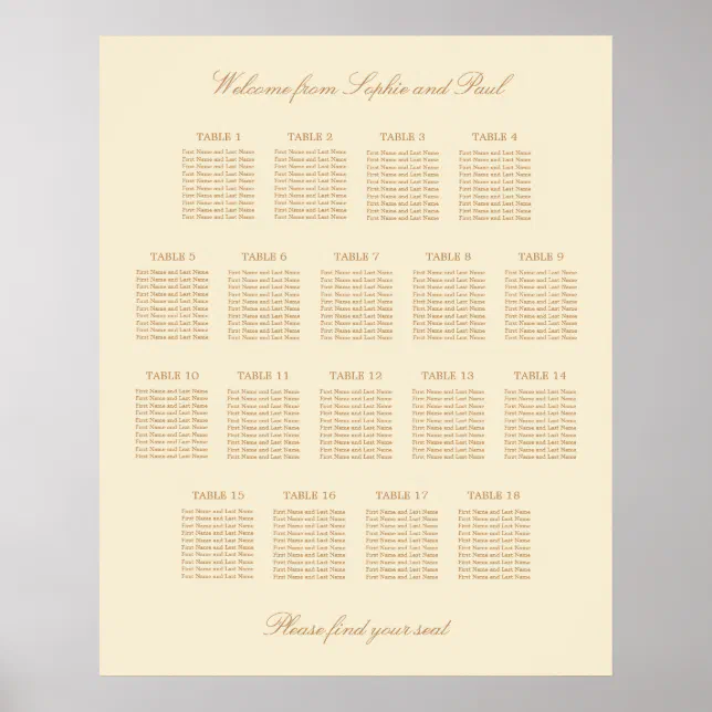 Cream Beige 18 Table Wedding Seating Chart Poster