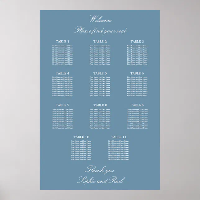 Dusty Blue 11 Table Wedding Seating Chart Poster