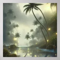 Palm Trees and Ocean Foggy Day Poster