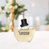 Groom Name Top Hat Wedding Date Stemless Wine Glass