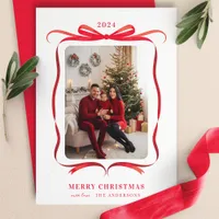 Red Bow Wavy Ribbon Frame Merry Christmas Photo Holiday Card