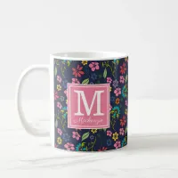 Girly Bohemian Flowers Navy Blue | Pink Monogram Coffee Mug