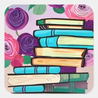Abstract Books and Flowers | Digital Art Square Sticker