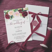 Burgundy and Blush Floral Elegant Wedding Invitation