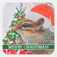 Chipmunk with Christmas Hat in Front of Tree Square Sticker