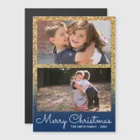 Gold Glitter Navy Ombre Two Photo Holiday Collage Magnetic Invitation