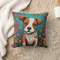 Cute Puppy with Whimsical Folk Art Flowers Throw Pillow