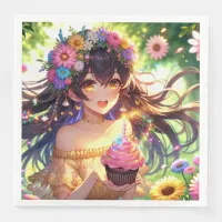 Pretty Anime Girl's Birthday Cupcake Paper Dinner Napkins