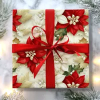 Beige & Red Poinsettia Flower Pearls Christmas Wrapping Paper