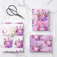 Pink and Purple Axolotl Girl's Birthday Party Wrapping Paper Sheets