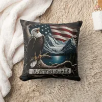 American Eagle Perched by Mountains and Flag Throw Pillow