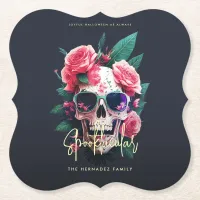 Floral Skull Faboolous Spooktacular Family Name  Paper Coaster