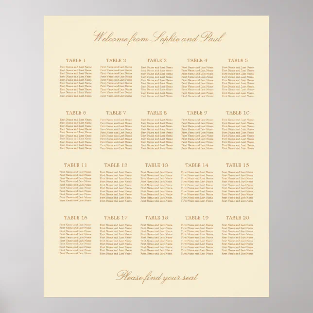 Cream Beige 20 Table Wedding Seating Chart Poster