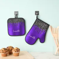 Dripping Black Glitter Violet Glam Name Oven Mitt & Pot Holder Set