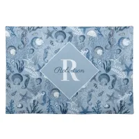 Coastal Monogram Blue Ocean Sea Life  Cloth Placemat