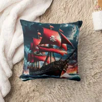 Red-Sailed Pirate Ship Navigating Stormy Seas Throw Pillow