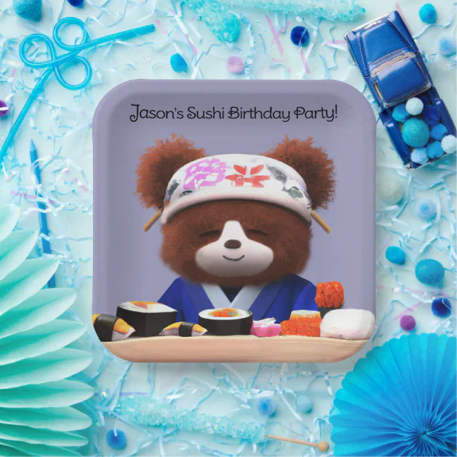 Cute Teddy Bear Sushi Chef Birthday Party Paper Plates