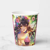 Pretty Anime Girl with Cupcake Birthday  Paper Cups