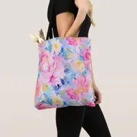 Pink and Blue Abstract Watercolor Flowers Tote Bag