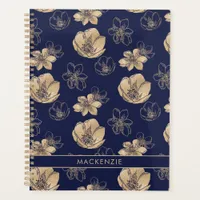 Chic Navy Blue Gold Foil Floral Pattern Planner