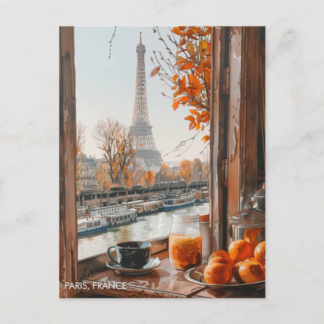 Eiffel Tower Autumn Paris in Watercolor Travel Art Postcard